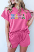 Strawberry Pink Sequined MAMA Letter Graphic Textured Short 2pcs Set